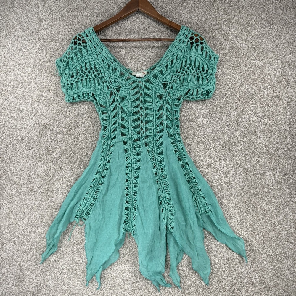 Vivid Importers NY Fairycore Whimsigoth Festival Crochet Tunic Dress Teal Sm